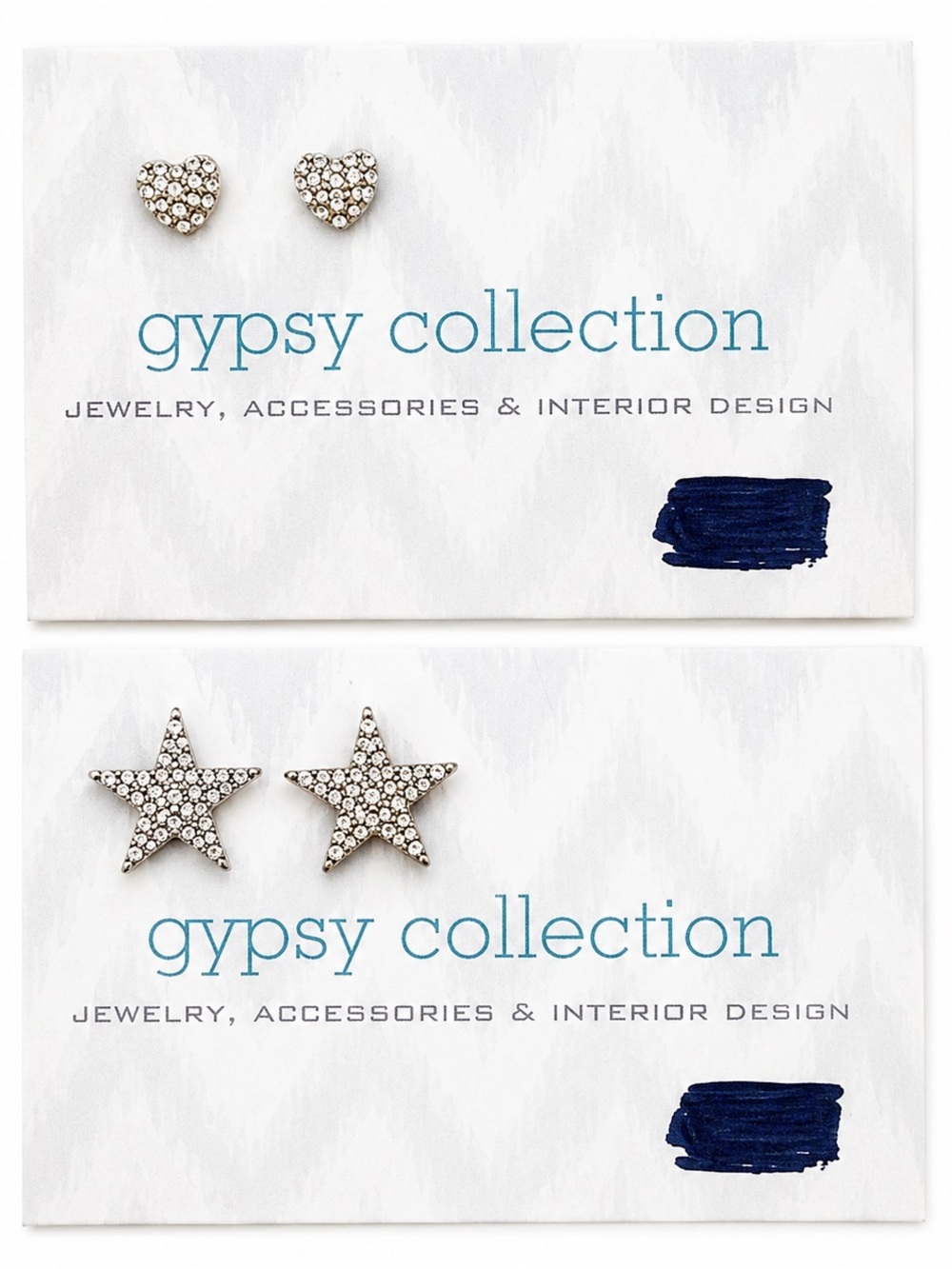 Gypsy Collection CZ Heart & Star Stud Earrings Set Silver Rhinestone New Bundle